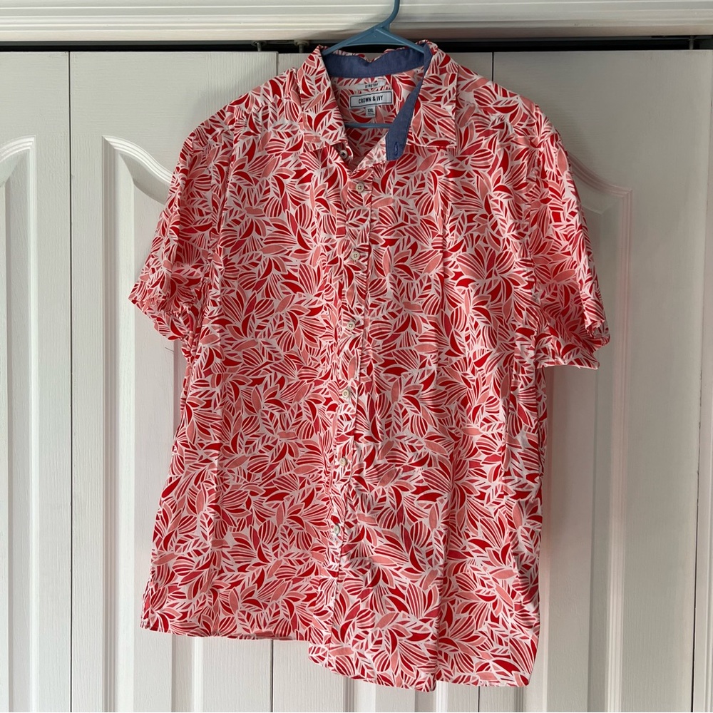 Crown & Ivy Red Leaf Pattern Men's Button-Down Shirt Size XXL